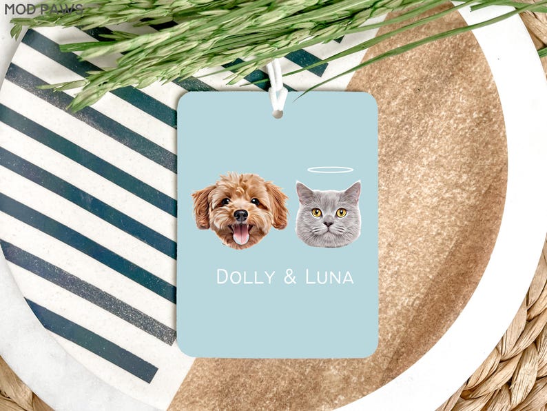 May include: A light blue car air freshener with a photo of a brown dog and a gray cat. The text "DOLLY & LUNA" is printed below the photos.