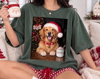 Custom Comfort Colors® Vintage Bootleg Santa Dog Photo Christmas Shirt Personalized Pet Portrait Holiday Tee