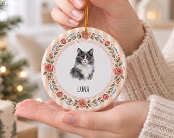 Personalized Pet Watercolor Ornament Custom Photo Ceramic Dog Christmas Keepsake Striped Floral Wreath Present