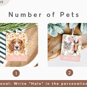 Peut inclure: Deux exemples d'&eacute;tiquettes pour animaux de compagnie personnalis&eacute;es avec des motifs floraux. La premi&egrave;re &eacute;tiquette pr&eacute;sente un chien brun et blanc avec le nom "Hunter" imprim&eacute; en dessous. La deuxi&egrave;me &eacute;tiquette pr&eacute;sente un chat et un cheval avec les noms "Luna & Maisy" imprim&eacute;s en dessous.