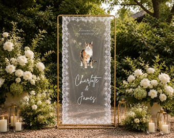 Personalized Cat Wedding Welcome Lace Sign Custom Pet Watercolor Portrait Photo Fabric Tapestry Banner Ceremony Decor