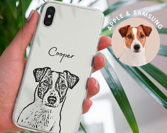 May include: A clear phone case featuring a black line art illustration of a Jack Russell Terrier dog and the name Cooper printed in black script. A circular inset shows a color photograph of the same dog with the text Apple & Samsung.