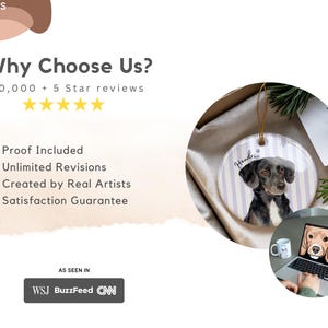 Pode incluir: Um ornamento cer&acirc;mico redondo com um retrato de c&atilde;o e o nome "Hendrix" em um fundo listrado. A imagem tamb&eacute;m inclui um laptop exibindo um retrato de c&atilde;o, uma caneca e o texto "Why Choose Us?" com detalhes do produto.