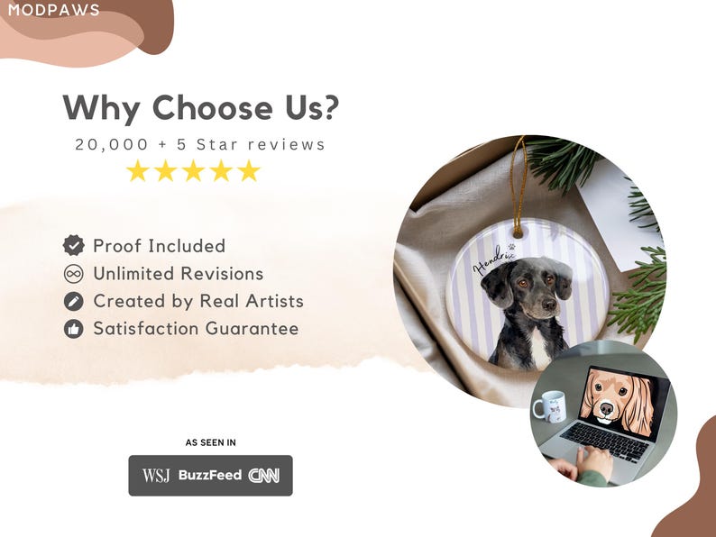 Pode incluir: Um ornamento cer&acirc;mico redondo com um retrato de c&atilde;o e o nome "Hendrix" em um fundo listrado. A imagem tamb&eacute;m inclui um laptop exibindo um retrato de c&atilde;o, uma caneca e o texto "Why Choose Us?" com detalhes do produto.