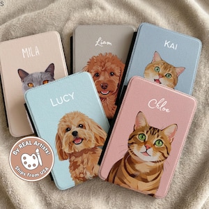 May include: A collection of personalized pet portrait phone cases. Each case features a different pet portrait, including cats and dogs, with the pet's name displayed above the image. The cases are in various pastel colors.