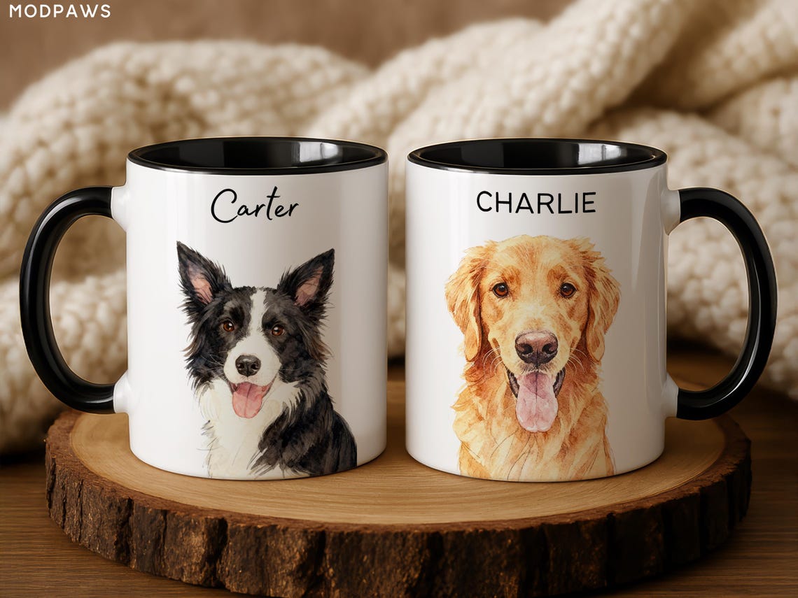 Custom pet photo mug with name.