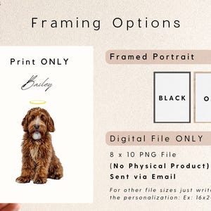 May include: A print featuring a brown dog with a halo, the name "Bailey", and framing options. The options include a print only, framed portraits in black or oak, and a digital file. The digital file is an 8 x 10 PNG file sent via email.