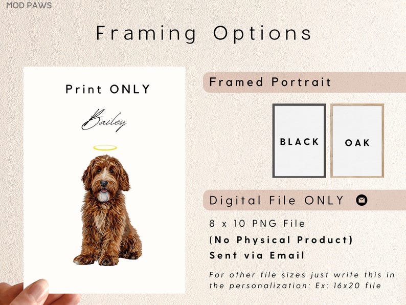 May include: A print featuring a brown dog with a halo, the name "Bailey", and framing options. The options include a print only, framed portraits in black or oak, and a digital file. The digital file is an 8 x 10 PNG file sent via email.