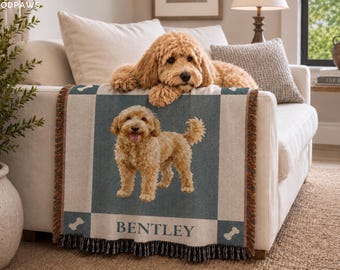 Personalized Dog Woven Blanket Custom Pet Portrait Checker Tapestry Throw Memorial Photo Present with Name