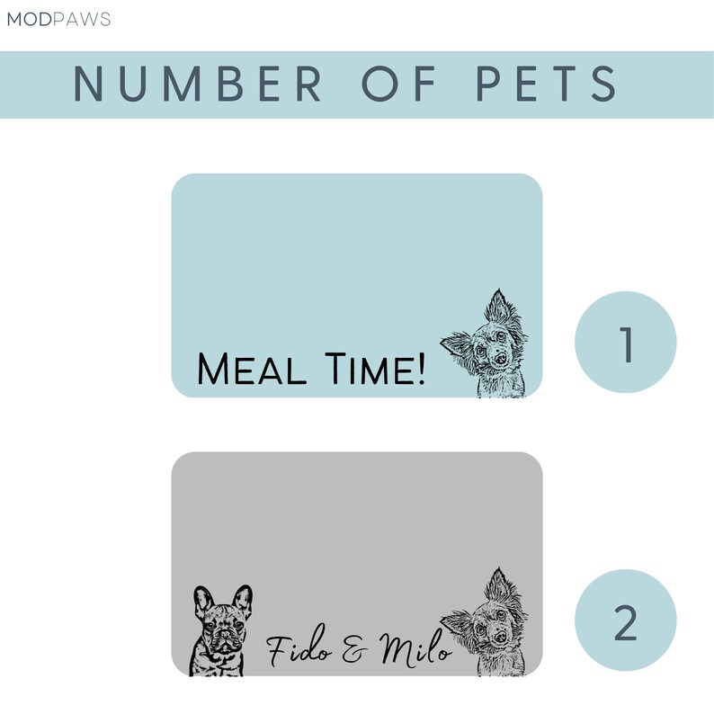 May include: A graphic with the text "NUMBER OF PETS" at the top. Two rectangular boxes are below, one light blue and one grey. Each box has a dog illustration and text. The light blue box says "MEAL TIME!" and the grey box says "Fido & Milo."