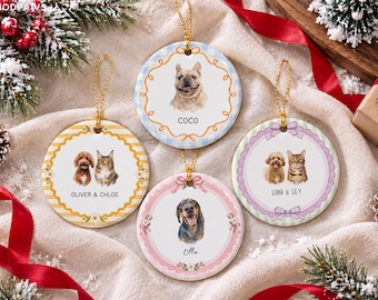 Custom Pet Photo Watercolor Ceramic Dog Christmas Ornament Striped Wreath Floral Keepsake Hanging Decor