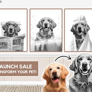 Custom Pet Bathroom Art Portraits Using Pet Photo Pet in Bathtub  Funny Personalized Digital Dog Cat Custom Pet Art Pet Drawing Poster