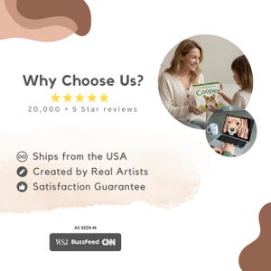May include: An advertisement with the text "Why Choose Us?" and "20,000 + 5 Star reviews." The image includes a book titled "Cooper" and a laptop displaying a dog image. The ad also states "Ships from the USA," "Created by Real Artists," and "Satisfaction Guarantee."