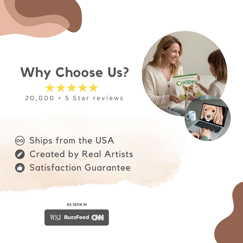 May include: An advertisement with the text "Why Choose Us?" and "20,000 + 5 Star reviews." The image includes a book titled "Cooper" and a laptop displaying a dog image. The ad also states "Ships from the USA," "Created by Real Artists," and "Satisfaction Guarantee."