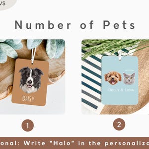 May include: Two gift tags with pet portraits. The first tag is brown with a black and white border collie portrait and the text "DAISY". The second tag is blue with a portrait of a golden doodle and a grey cat with the text "DOLLY & LUNA".