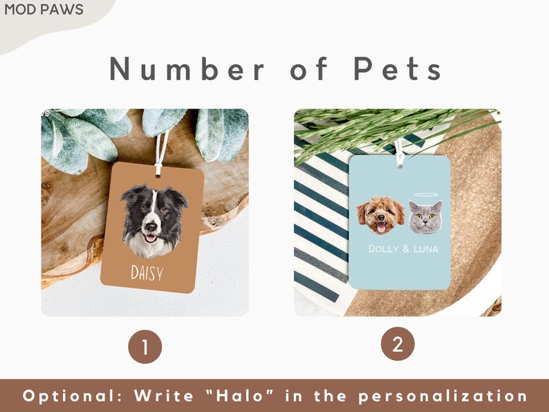 May include: Two gift tags with pet portraits. The first tag is brown with a black and white border collie portrait and the text "DAISY". The second tag is blue with a portrait of a golden doodle and a grey cat with the text "DOLLY & LUNA".