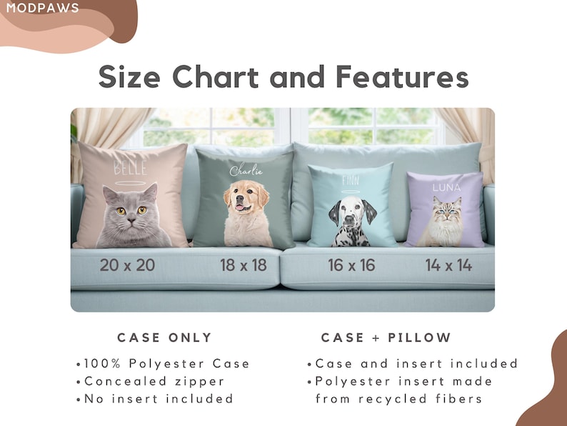 Puede incluir: Cuatro cojines decorativos con retratos de mascotas en un sof&aacute; azul claro. Los cojines presentan un gato, un golden retriever, un d&aacute;lmata y un gato de pelo largo. Los tama&ntilde;os son 50,8 x 50,8, 45,7 x 45,7, 40,6 x 40,6 y 35,6 x 35,6 cm. El texto en los cojines incluye nombres de mascotas.