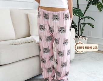 Spodnie piżamowe z motywem pyszczka zwierzaka, ze zdjęciem i imieniem zwierzaka, spersonalizowane piżamy dla psów, piżamy dla kotów, piżamy dla zwierząt, piżamy dla psów dla kobiet, pionowe paski