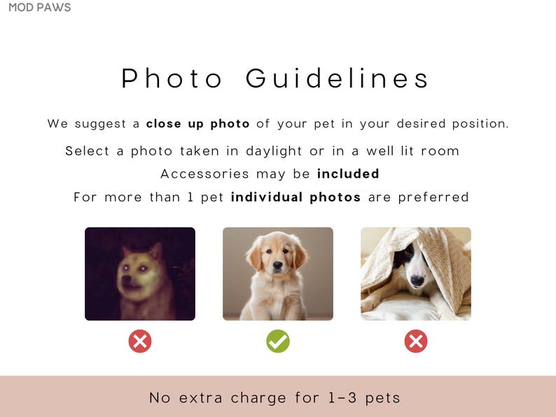 May include: A graphic with the text "Photo Guidelines" and examples of pet photos. The guidelines suggest a close-up photo in daylight or a well-lit room, with accessories allowed. The image includes examples of acceptable and unacceptable photos.