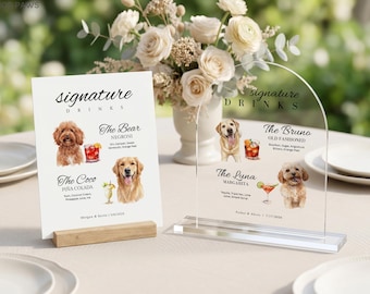 Custom Pet Photo Wedding Signature Drinks Menu Sign Personalized Watercolor Dog Cat Cocktail Bar Plaque