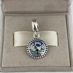 May include: Silver charm with a blue, green, and white enamel design depicting a mountain and a whale. The charm has a silver bead border and the text "Saint John, NB" in black.