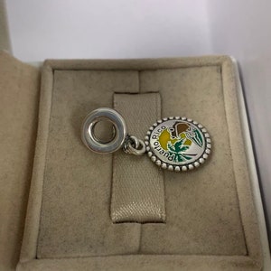 May include: A silver charm with a round pendant featuring a colourful design of Puerto Rico. The pendant has a yellow, green, and brown design with the words "Puerto Rico" around the edge. The charm is in a grey box.