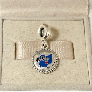 Könnte beinhalten: Ein silberner Charm-Anhänger mit einem runden Anhänger, der den Bundesstaat Ohio in Blau, ein rotes Herz und die Schriftzüge "Ohio" und "The Buckeye State" zeigt. Der Charm hängt an einer silbernen Schlaufe.
