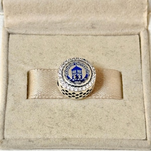 May include: A silver charm with a blue enamel design featuring the Hampton University logo and the words "Hampton University" and "1868". The charm is surrounded by a circle of clear cubic zirconia stones.
