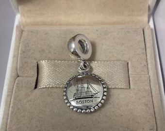 Pandora Boston Exclusive Charm Dangle Pendant, Ship, nautical, S925 Sterling SIlver，For Bracelet, For Necklace, Enamel crafts, with Gift Box