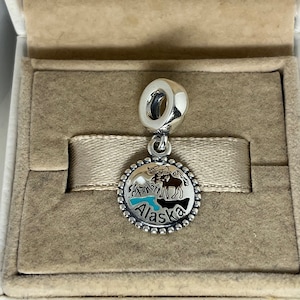 May include: A silver charm with a blue and white enamel design of the state of Alaska. The charm features a moose and mountains. The charm is in a small box with a brown velvet lining. The charm says "Alaska" on the bottom.