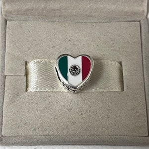 Puede incluir: Un charm de plata en forma de coraz&oacute;n con los colores de la bandera mexicana y el escudo de armas mexicano en el centro.