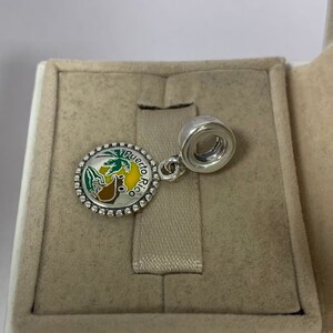 May include: A silver charm with a round pendant featuring a colourful design of Puerto Rico. The pendant has a yellow background with a palm tree, a coffee cup, and the words "Puerto Rico" in green. The charm is attached to a silver ring.