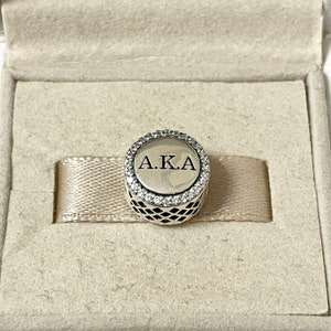 May include: A silver charm with a black and white checkered pattern and a circle with clear stones around the edge. The circle has the letters "A.K.A." in black lettering.