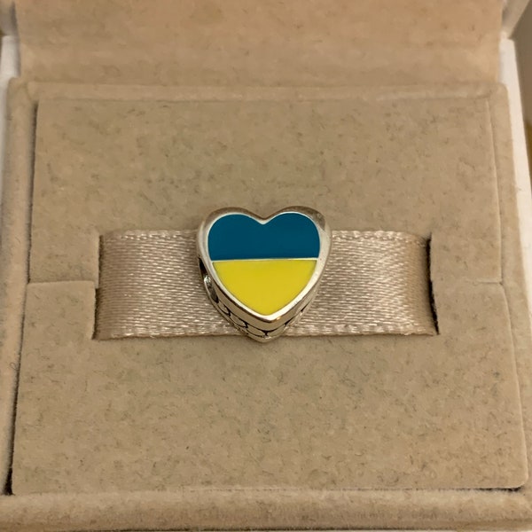 Pandora UKRAINE Flag Heart Bead Charm Travel S925 Sterling Silver Jewelry for Bracelet, Mixed Enamel, with Gift Box, Present