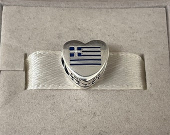 Pandora Greece Flag Charm Heart Bead Charm Love Greece S925 Sterling Silver Jewelry for Bracelet Mixed Enamel with Gift Box