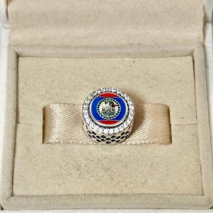 May include: A round silver charm with a Belize flag design. The charm features a blue centre with the Belize coat of arms, surrounded by a red band and a ring of clear crystals. The charm is presented in a beige jewellery box.