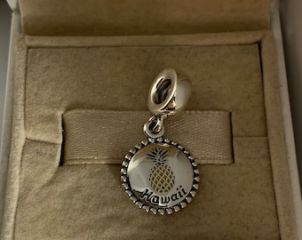 May include: A silver charm with a pineapple design and the word "Hawaii" on a round disc. The charm is in a white box with a brown velvet lining.