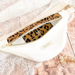 Sac banane velours côtelé écru et léopard, sac femme