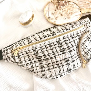 Women's black and white tweed fanny pack