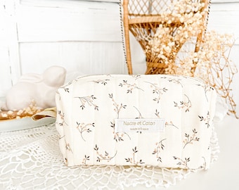 Trousse de toilette en gaze de coton fleurie beige