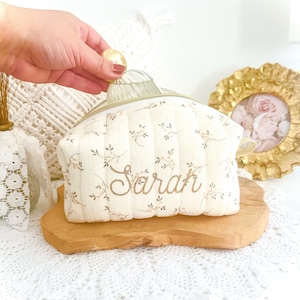 Beige floral cotton gauze toiletry bag / personalization option