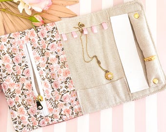Étui de voyage pour bijoux velours vieux rose, cadeau femme, rangement bijoux