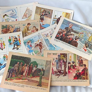 May include: A collection of vintage illustrated pages featuring colorful scenes. The illustrations depict children, school settings, and various activities. The pages have a slightly aged appearance, suggesting they are from an older publication.