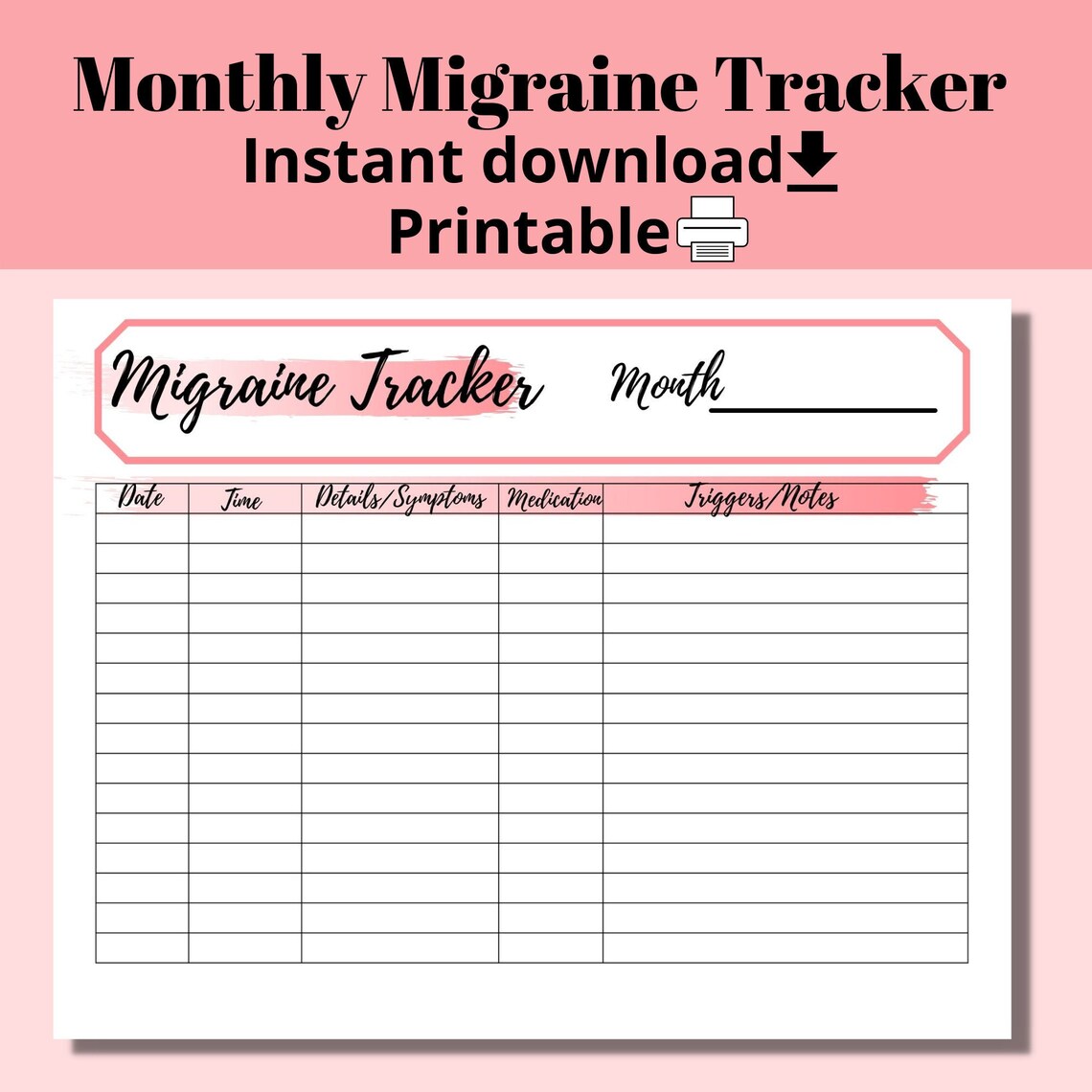 Migraine Headache Tracker Journal Printable Headache Log Headache 