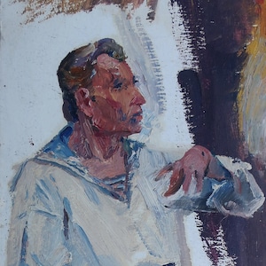Retrato de un hombre. Pintura al óleo antigua original del realismo socialista Arte soviético Artista ucraniano Gribok D.K. 65-25 cm Óleo sobre cartón Años 70