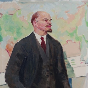 Retrato de Vladimir Lenin. Pintura al óleo original del artista ucraniano Gorshkov. Altura: 36-25 cm. Cartulina. Óleo. Años 70.