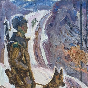 Guardia fronteriza. Pintura al óleo original del realismo socialista del artista ucraniano Repka S. 45-27 cm cartón óleo década de 1980