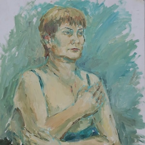 Retrato de una mujer. Pintura al óleo del artista ucraniano Detochka. 60-50 cm. Óleo sobre cartón, década de 1990