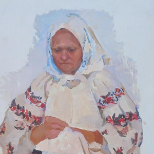 Brodeuse. Peinture originale de l'artiste ukrainien Yakovenko E. 69-49 cm, huile sur toile sur carton, année 1964