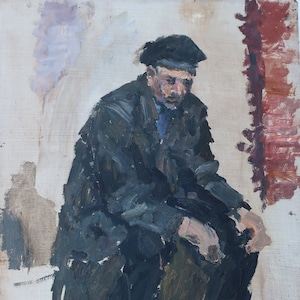 Retrato de un hombre. Pintura al óleo antigua original del socialismo, arte soviético, artista ucraniano Gribok D.K. 74-52 cm óleo sobre cartón, década de 1970